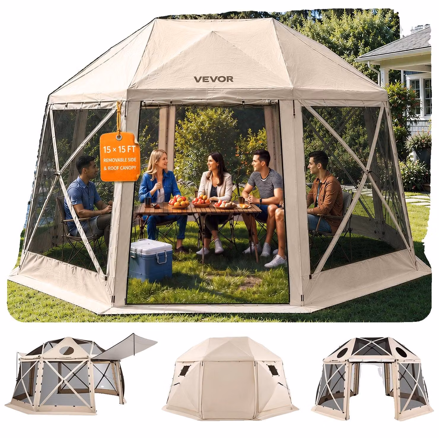 Padiglione pop-up VEVOR, 4,57 x 4,57 m, 13 lati, tenda da campeggio sferica con tetto rimovibile e borsa per il trasporto, ventilazione a 360°, protezione solare, tenda per feste per 12-15 persone, beige
