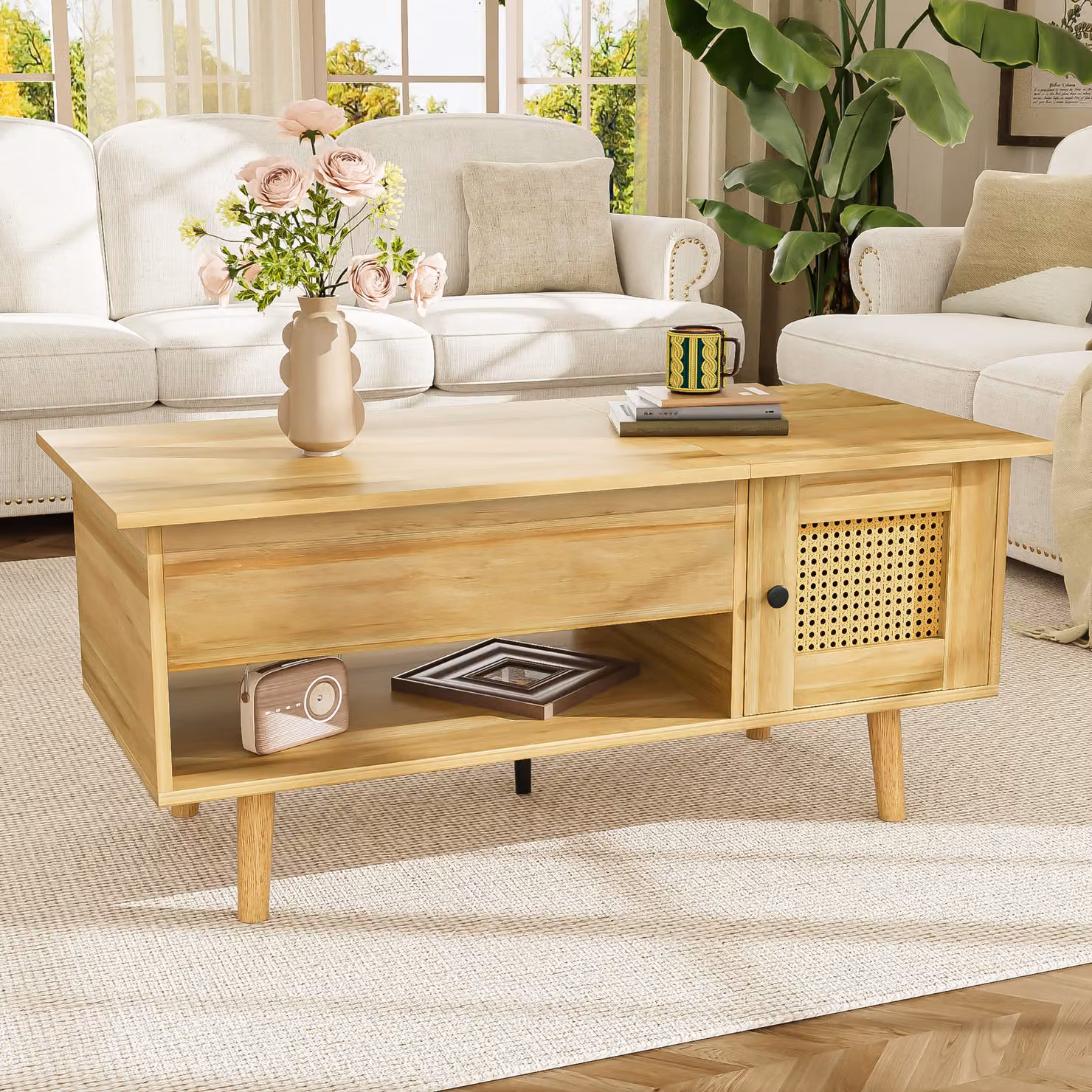MODFU Tavolino da salotto, vetrina, piano con cassetti, mobile contenitore, spazio contenitore multifunzionale, con funzione di sollevamento e ante in rattan, color legno