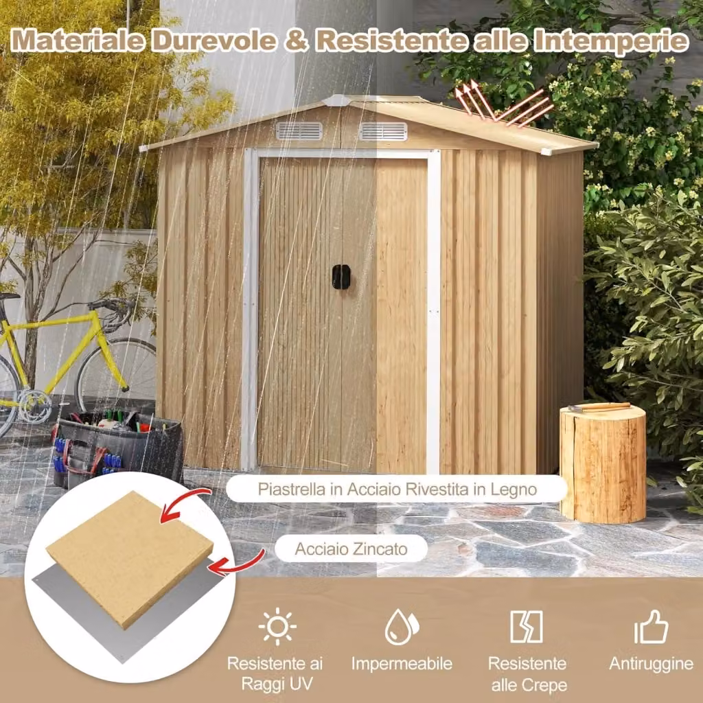 Casetta da giardino Costway in acciaio zincato marrone e beige con porte scorrevoli e sfoghi laterali L/P/H: 196 x 142 x 186 cm – 2