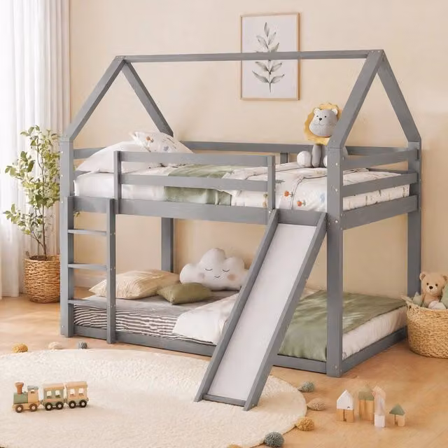 Letto a castello bambini 140x200 grigio con scivolo e scala, senza materasso