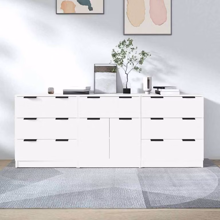Set di 3 credenze vidaXL bianche in legno multistrato per sala da pranzo, modello minimalista a parete