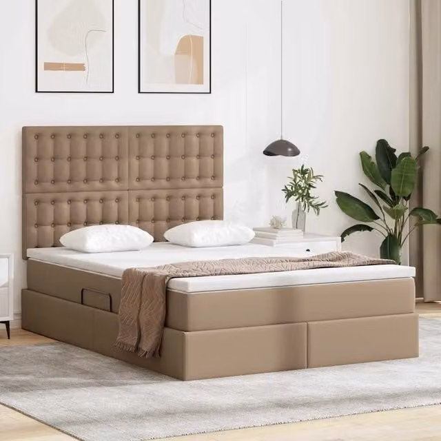 Letto con contenitore vidaXL con illuminazione LED e porta USB, colore beige, L/P/H: 140 x 200 x 128 cm