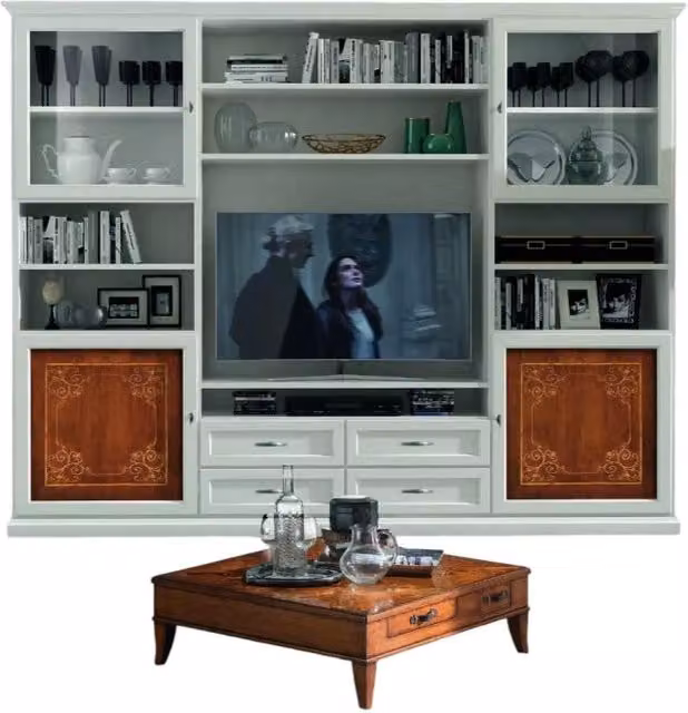 Parete attrezzata classica Mobili 2G in legno bianco e noce con vetro L: 300 cm, P: 46 cm, H: 240 cm – 3