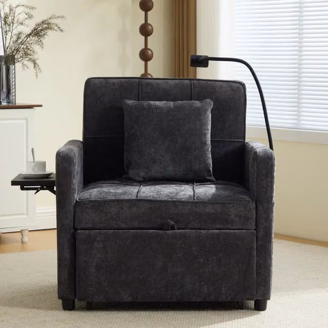 Poltrona reclinabile 2 in 1 MIVRAY in ciniglia grigio scuro con schienale regolabile, vassoio, tasche e portacellulare – 1