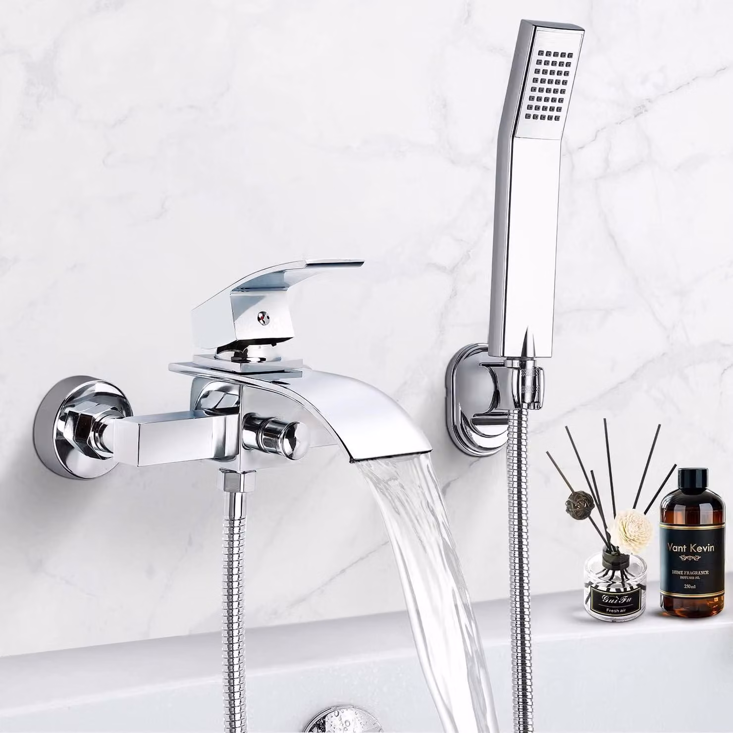 Miscelatore per doccia, altezza 59 cm, in ottone cromato, da montare a parete