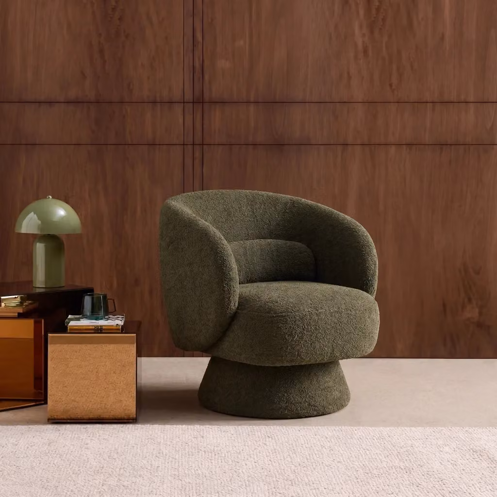 Poltrona girevole 360 Sweeek in tessuto verde, modello moderno con braccioli e struttura in legno e plastica – 2