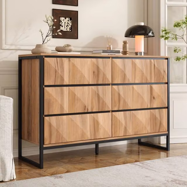 Sideboard moderno con sei cassetti in truciolare nero e naturale con telaio in metallo L/P/H: 120 x 40 x 80 cm – 1