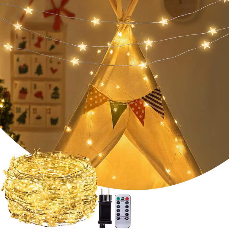 Catena luminosa da 24 metri, con 240 LED bianco caldo, telecomando, timer, grado di protezione IP44