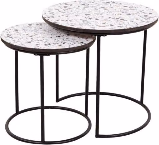 Set di 2 Tavolini Tondi Venice Casa Collection con Effetto Graniglia Bianco Grigio e Nero