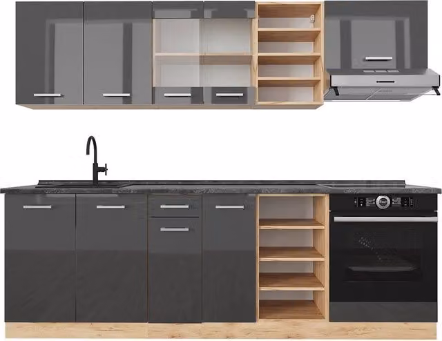 Cucina componibile moderna Vicco R-Line in MDF con ante in vetro e illuminazione integrata, Antracite lucido e Rovere, L: 240 cm, P: 60 cm, H: 206,8 cm