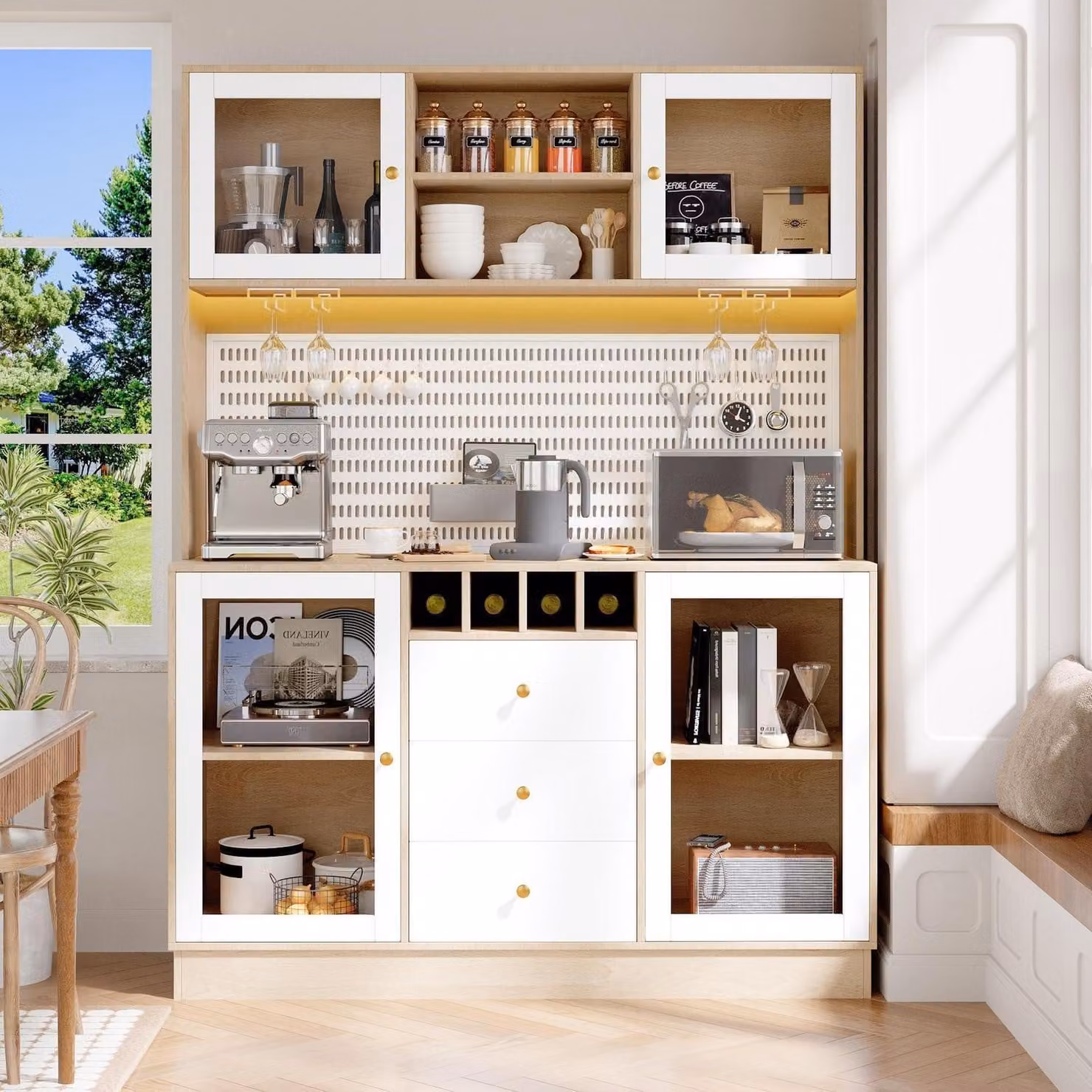 Armadio alto da cucina con illuminazione a LED e piano di lavoro, dimensioni 140x40x185,7 cm, aspetto legno