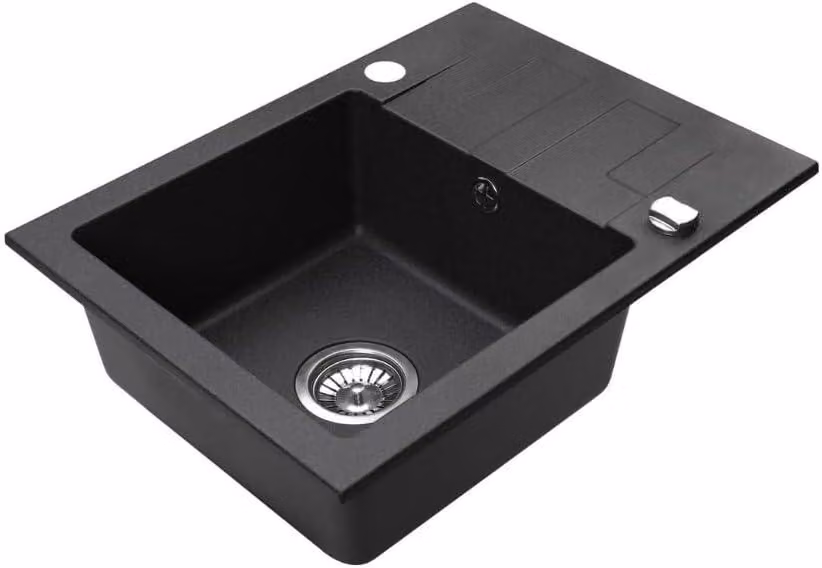 VBChome Lavello in granito 59 x 44 cm Nero Lavello da incasso a vasca singola Reversibile Specchiato Lavello di facile manutenzione con sifone Ideale per piccole cucine