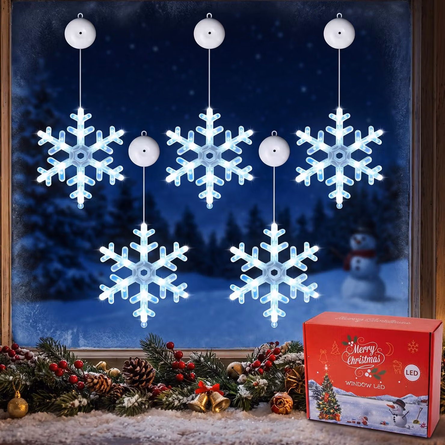 Set di 5 luci decorative per finestre a forma di fiocchi di neve, con 60 LED, luce bianca fredda e timer