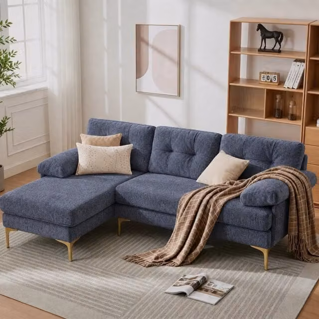 Divano angolare a 3 posti Mivray con chaise longue reversibile in ciniglia blu e struttura in legno e metallo L/P/H: 187,5 x 79 x 130 cm