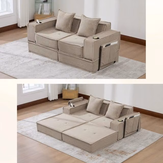 Divano letto 2 sedili convertibili con letto matrimoniale; pouf con portaoggetti e porta tazze; cuscini 2; velluto a coste; Kaki