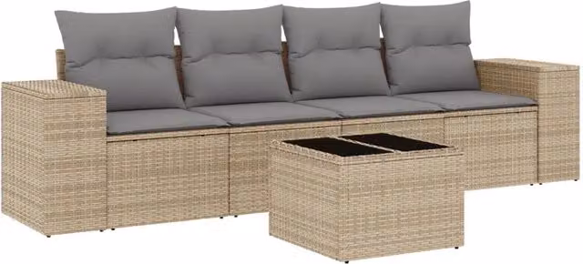 Set Divano da Giardino 5 pz | Set Salotto da Giardino con Cuscini Beige in Polyrattan