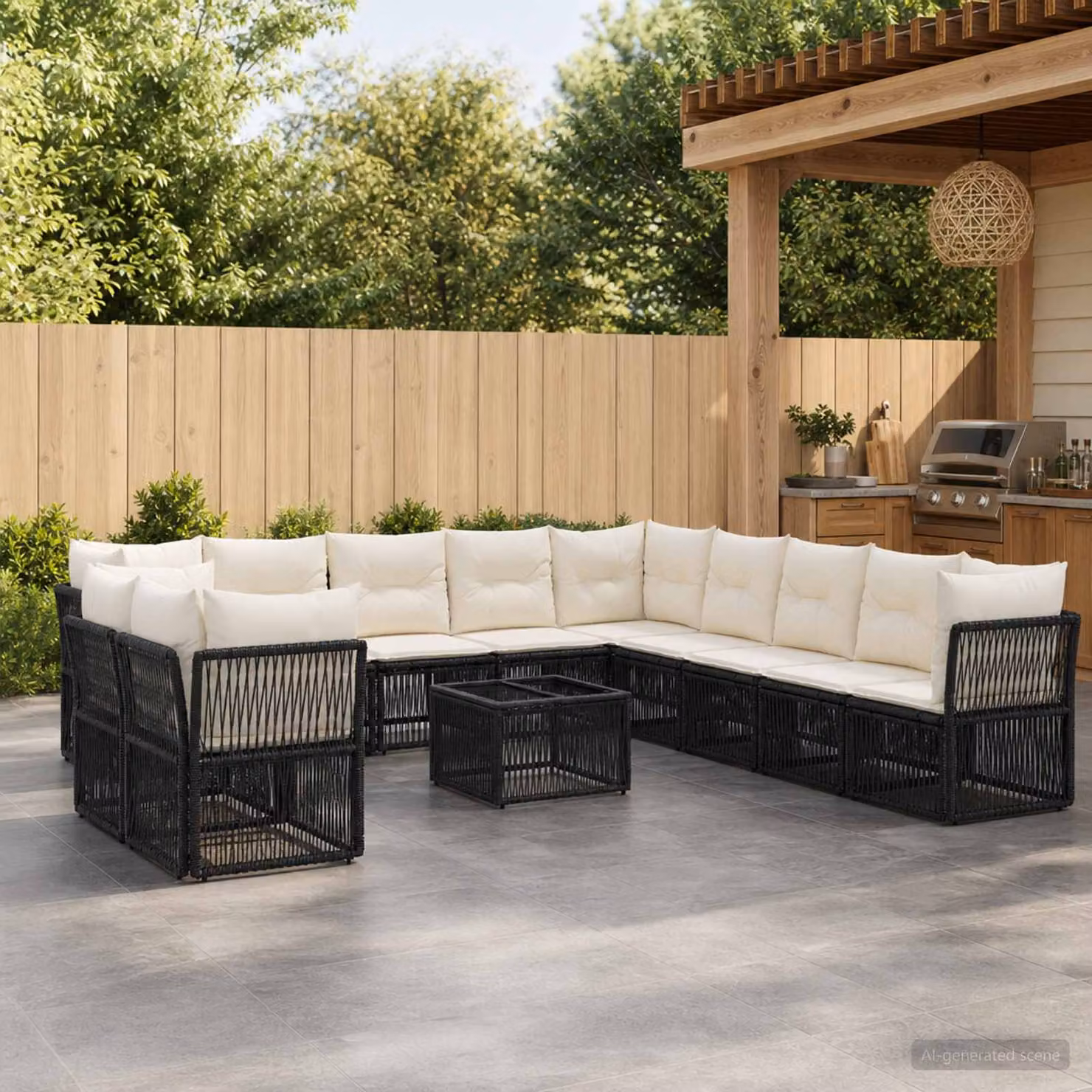 Set Divano da Giardino vidaXL a forma a U con Tavolino da Caffè e Cuscini, Nero