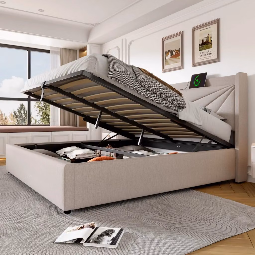 Letto matrimoniale Mivray con contenitore e testiera imbottita beige, dotato di porta USB Type-C, L/P/H: 160 x 200 x 107 cm – 2