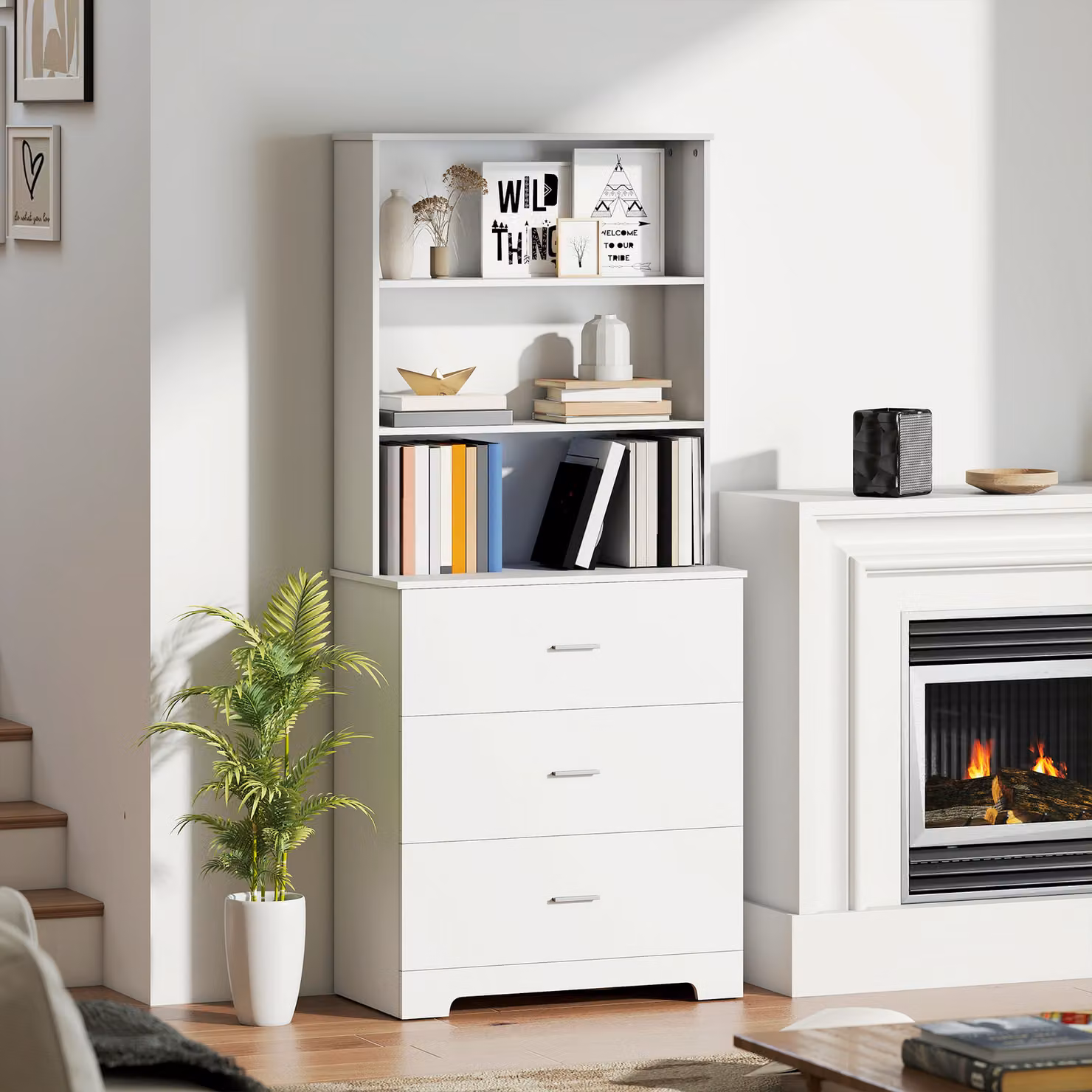 Libreria a muro HOMCOM in legno bianco con 3 ripiani aperti e 3 cassetti, L: 79 cm, P: 39.5 cm, H: 182.2 cm – 2