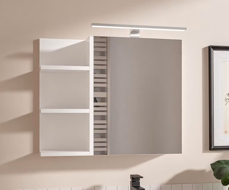 Armadietto Bagno Bianco con Specchio e Luce LED 60x50 cm Pensile Bagno 1 Anta Apertura Senza Maniglia Ripiani a Sinistra