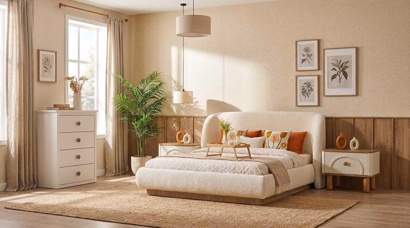 Set per camera da letto beige, moderno e composto da: letto, comodini (2), e cassettiera. (4 pezzi)