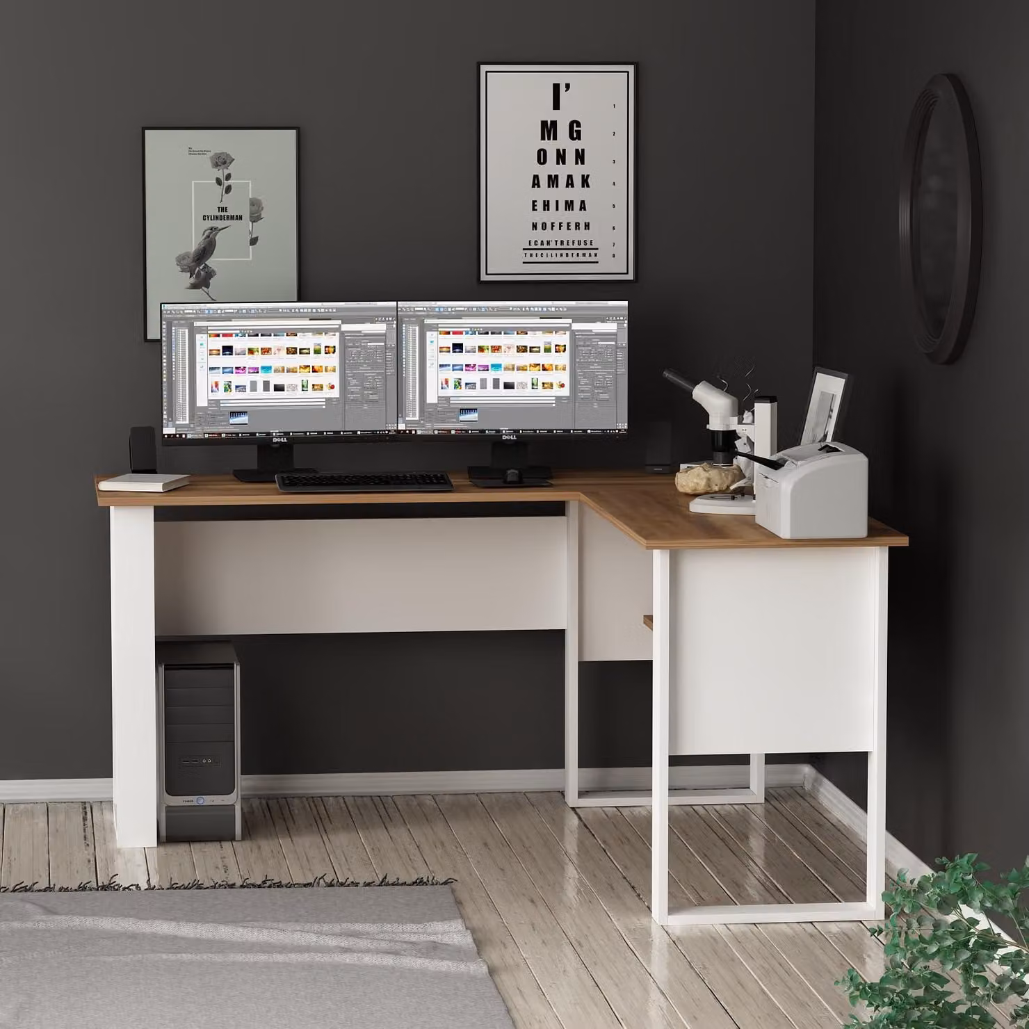 HOMIDEA Randi: scrivania angolare a L con ripiani - Scrivania moderna per computer, ideale per l'ufficio e l'home office - Bianco/Rovere