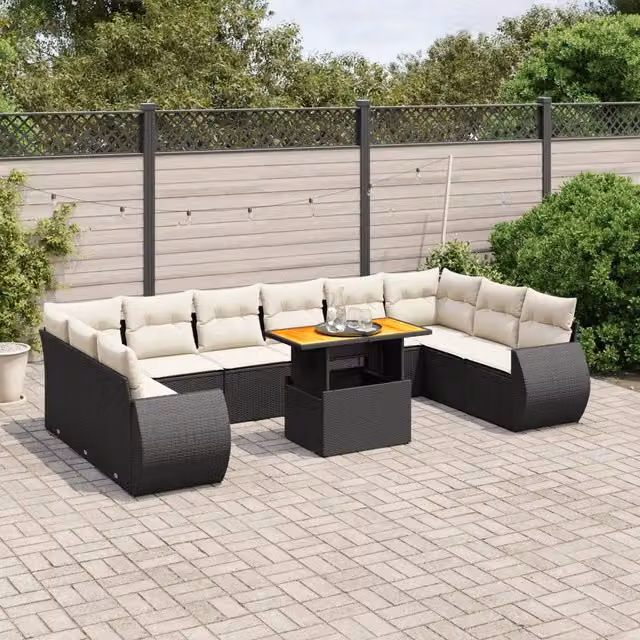 Set di Divani da Giardino a Forma di U VIDAXL in Polyrattan Nero con Cuscini, 11 Pezzi