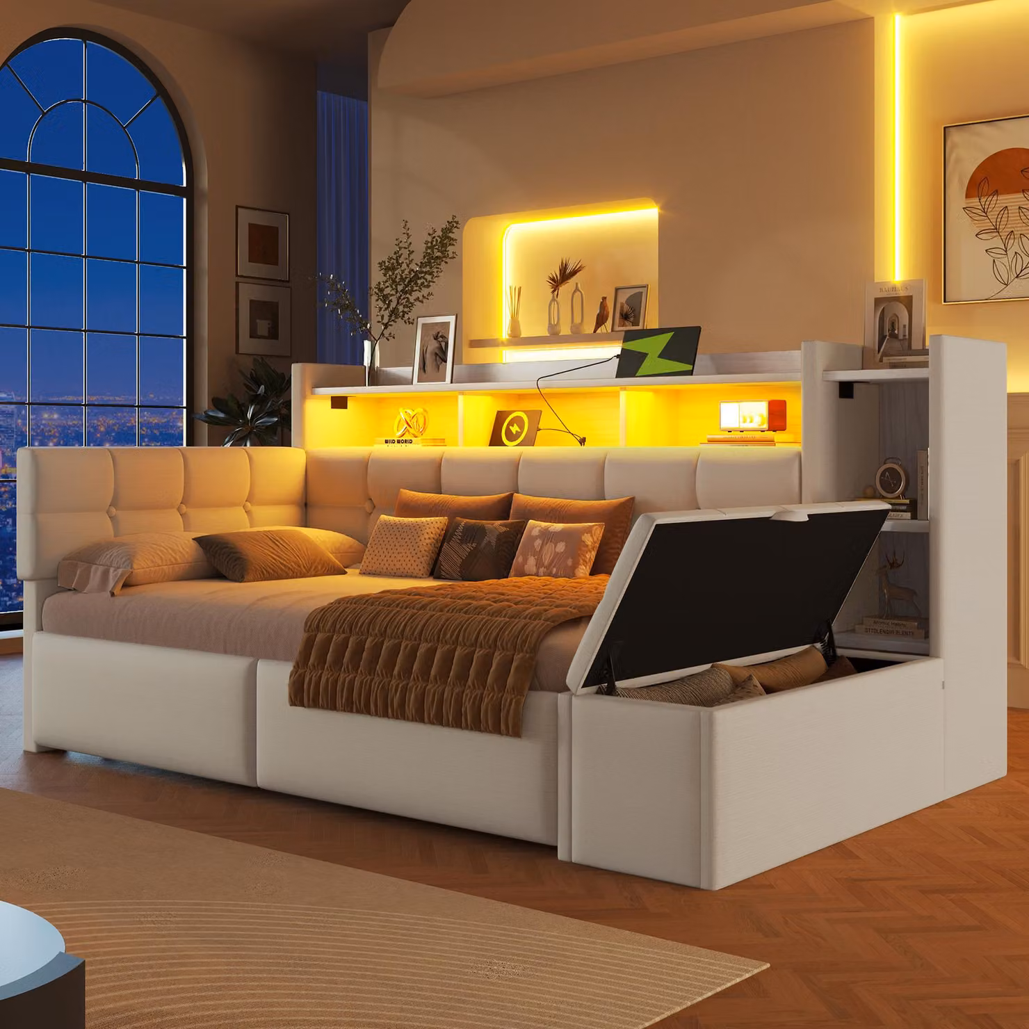 Sweiko daybed, daybed, divano letto, 90 × 190 cm, con due cassetti, collegamenti USB e tipo C, vano portaoggetti, panca portaoggetti all'estremità dei piedi, striscia luminosa a LED, senza materasso, velluto, bianco