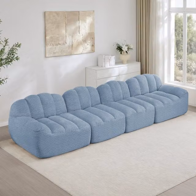 Divano Modulare 4 Posti ¨C MINIMAL ¨C Tessuto Morbido Blu, Seduta Profonda