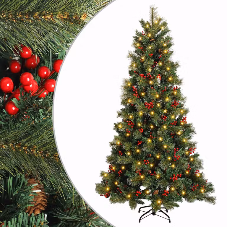 Albero di Natale Artificiale Moderno vidaXL Verde con 150 LED Luce Bianca Calda e Rami Pieghevoli in PVC e Metallo, Altezza: 150 cm