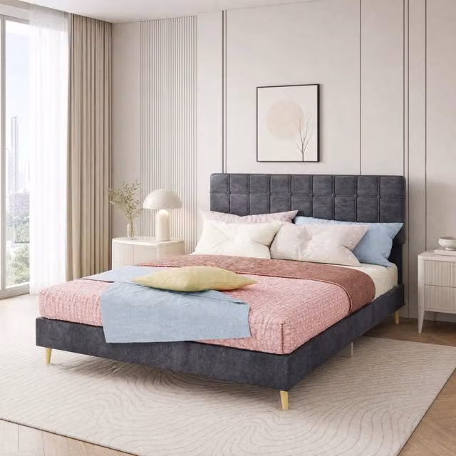 Letto matrimoniale 140x200 cm in velluto grigio con testiera trapuntata e piedi in legno