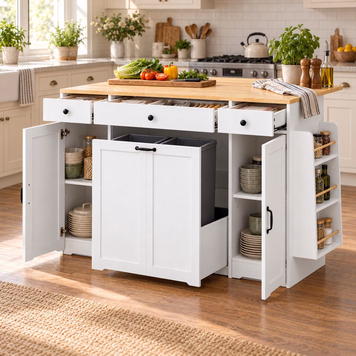 Credenza, con 3 cassetti, 2 ante, piano superiore in legno, ideale per cucina/sala da pranzo