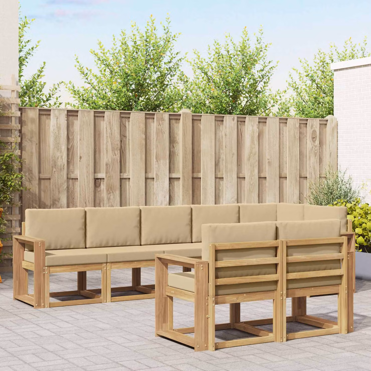 Set di divani da esterno vidaXL 8 pz a forma di L in legno di acacia con cuscini Bianco, Beige e Marrone