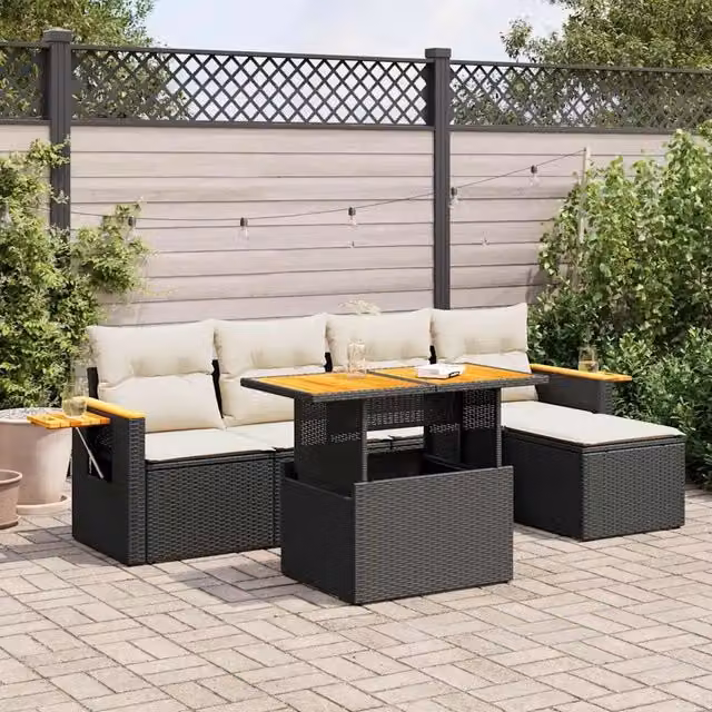 Set Divano da Giardino 6 pz con Cuscini Nero Polyrattan Acacia 3327584