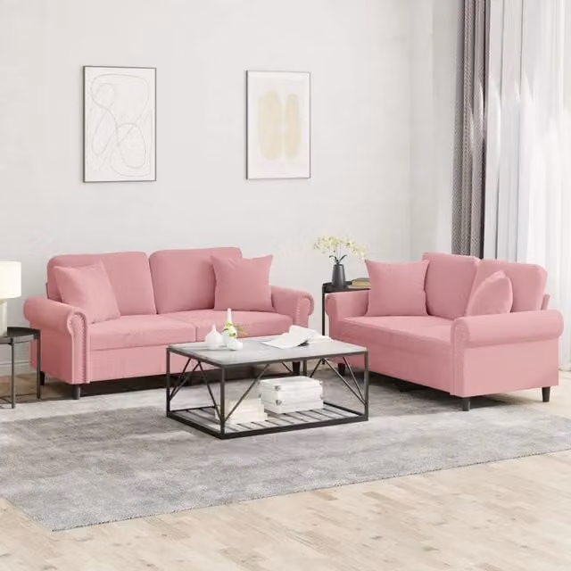 Set di 2 divani vidaXL in velluto rosa con cuscini per soggiorno in stile moderno L: 152 cm, P: 80 cm, H: 77 cm – 1