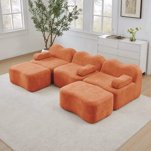 Divano Modulare a U MINIMAL da 3 Posti con Ottoman, Arancione, Tessuto Velluto Reversibile