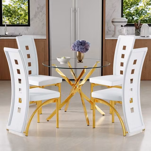 Set tavolo e sedie con tavolo rotondo e 4 sedie imbottite in vetro, metallo e similpelle bianco trasparente oro