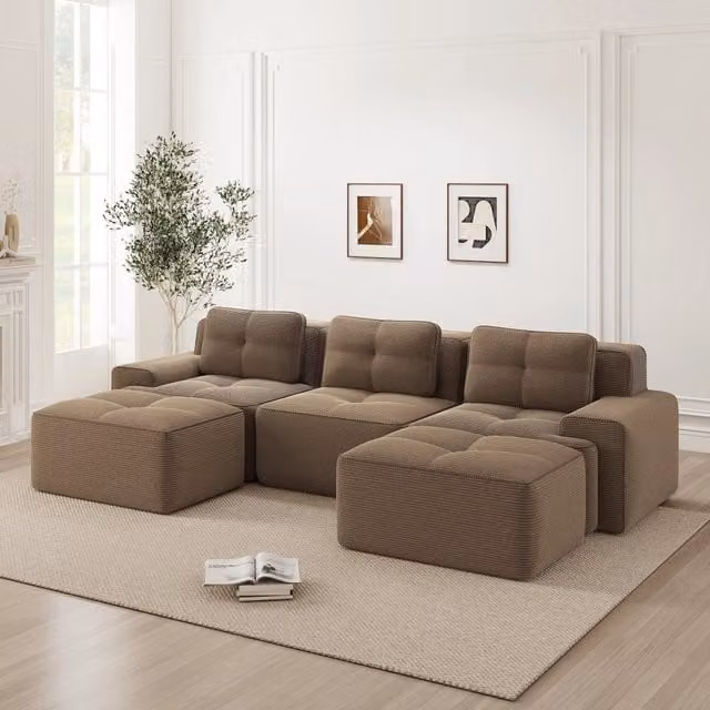 Divano Modulare Cloud a U da 3 Posti con Pouf MINIMAL in Velluto a Coste Marrone