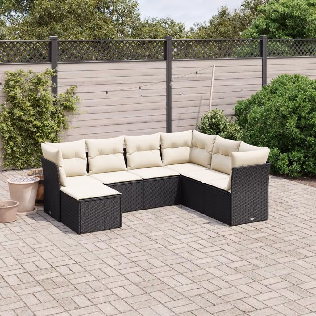 vidaXL Set Divani da Giardino a L con Cuscini 7pz Nero e Bianco in Polyrattan e Metallo – 1