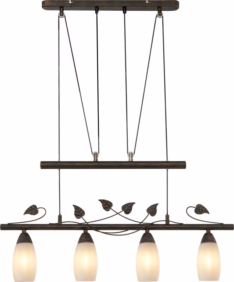 Lampada a sospensione NOWA, struttura in metallo color ruggine, diffusore in vetro effetto alabastro, altezza regolabile, dimensioni: 720x100x1600 mm, altezza regolabile da 1600 mm a 1000 mm, esclusa lampadina: 4 x E14, 28W, 230V