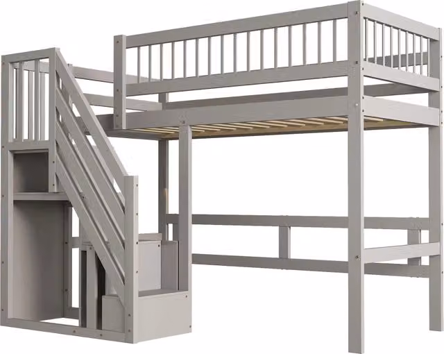 Letto a Soppalco Singolo Chicfurn in Legno Grigio con Scala Contenitore e Sponde L/P/H: 205 x 90 x 173 cm – 1