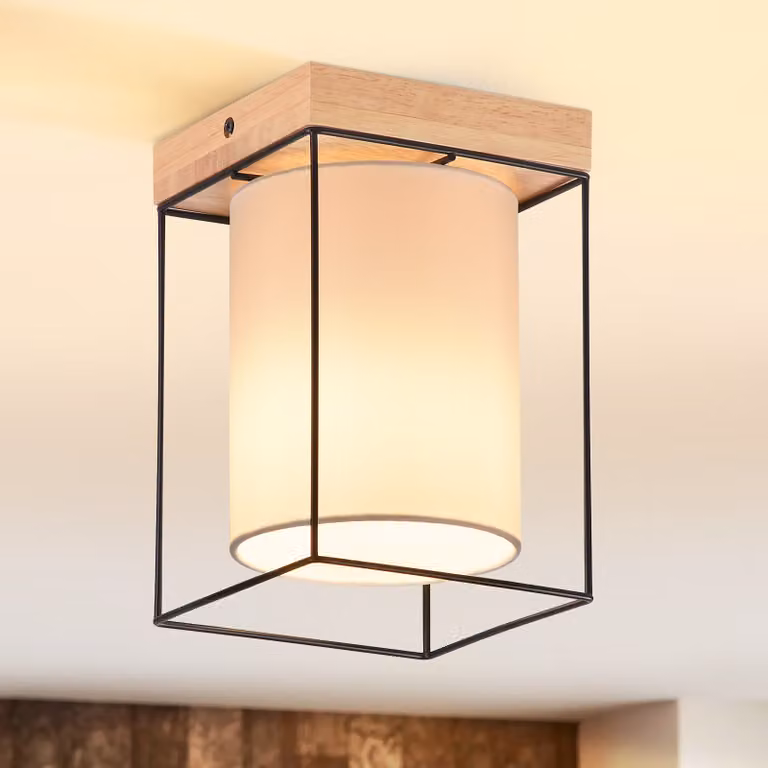ZMH plafoniera soffitto corridoio legno 1 fiamma E14 lampada corridoio vintage con paralume in tessuto lampada cucina industriale retrò (senza lampadina)