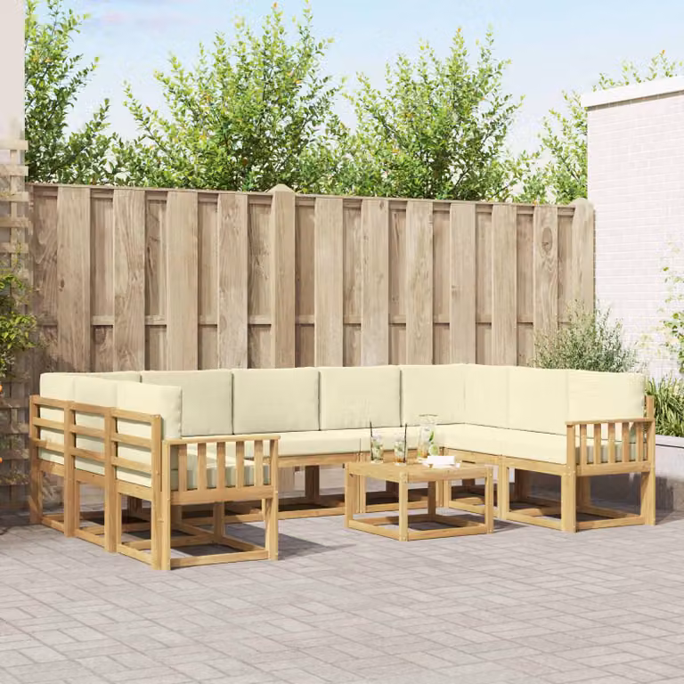 Set di divani da esterno vidaXL a forma di L composto da 10 pezzi in legno di acacia con cuscini in poliestere bianco, beige e marrone