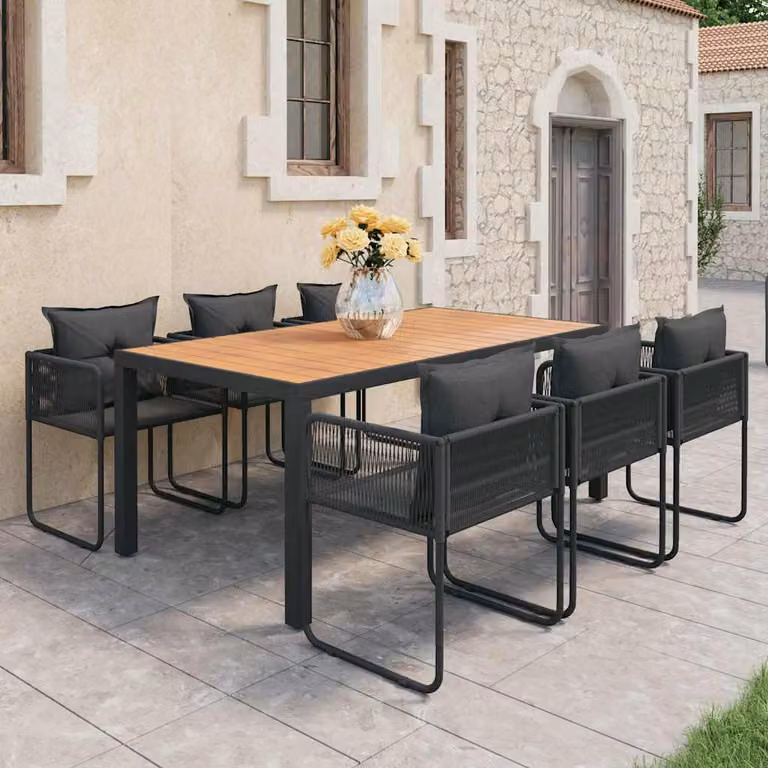 Set da pranzo da giardino vidaXL in 7 pezzi in polyrattan nero, marrone e grigio