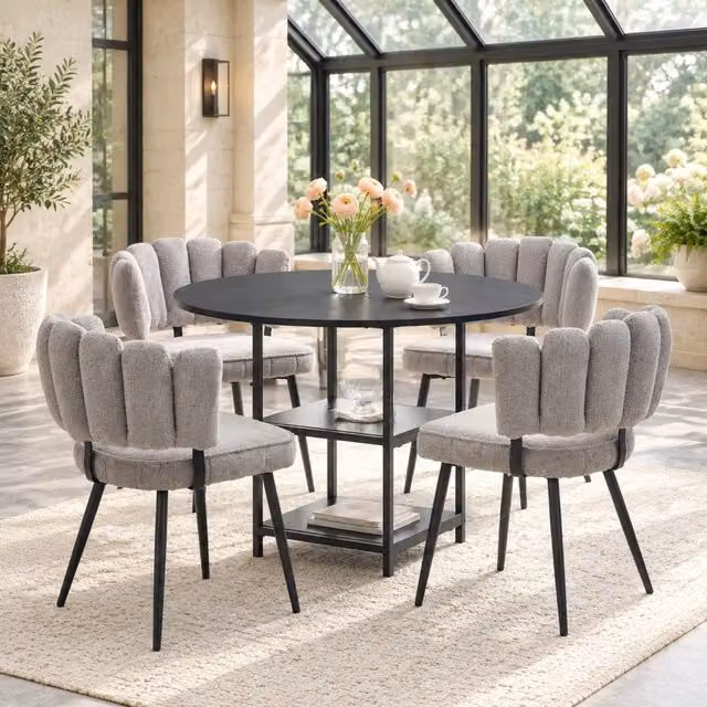 Set da pranzo industriale con tavolo rotondo 107 cm e 4 sedie grigie con schienale a fiore in tessuto
