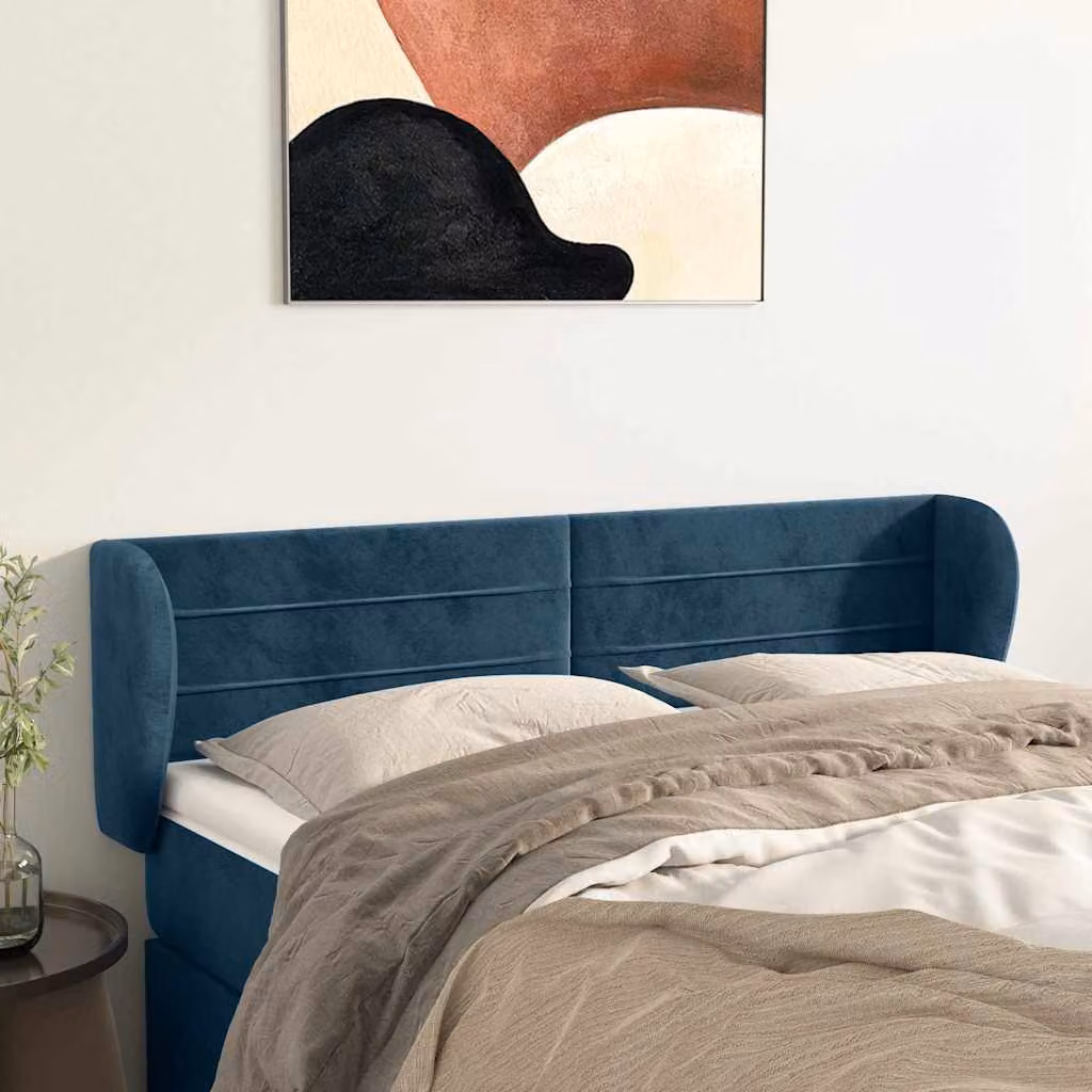 Testiera per letto vidaXL in velluto blu scuro con design ad orecchio, L: 147 cm, P: 23 cm, H: 78-88 cm