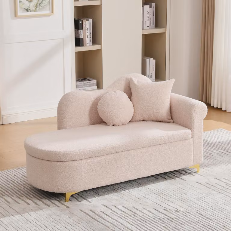 Merax: chaise longue con vano portaoggetti e struttura in legno massello, poltrona reclinabile trasformabile in letto con rivestimento in peluche, lettino relax con schienale ondulato e 2 cuscini, beige