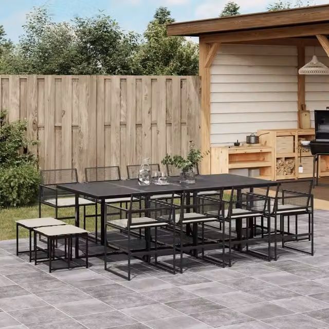 Set da Pranzo da Giardino 13pz con Cuscini Nero in Polyrattan 3295030
