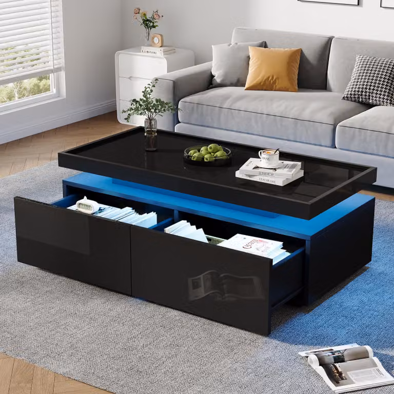 okwish Tavolino da salotto con illuminazione a LED, Tavolino da salotto con 2 cassetti, Sofatisch lucido, tavolo minimalista, con design geometrico, nero