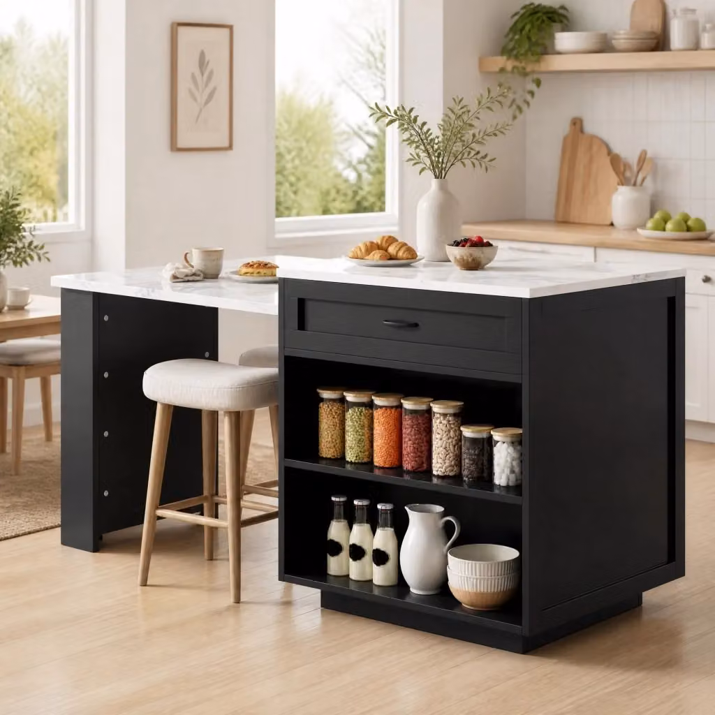 Tavolo Bar Estensibile REDOM in MDF Nero con Contenitore e Ruote, L: 98-204 cm, P: 70 cm, H: 93,5 cm – 2